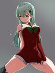  absurdres alternate_costume aqua_eyes aqua_hair arms_behind_back breasts dress hair_between_eyes hair_ornament hairclip highres kamome_donburi kantai_collection kneeling large_breasts long_hair looking_at_viewer off-shoulder_dress off_shoulder red_dress short_dress smile solo suzuya_(kantai_collection) thighhighs 