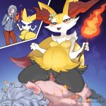 2023 ais05 anthro areola blush bodily_fluids braixen breasts canid canine clothed clothing cum cum_inside digital_media_(artwork) duo female female_penetrated fire fox fur generation_6_pokemon genital_fluids genitals hair hi_res human human_on_anthro inner_ear_fluff interspecies male male/female male_penetrating male_penetrating_female mammal nintendo nipples nude open_mouth penetration penis pokemon pokemon_(species) pregnant pregnant_female pregnant_sex pussy sex simple_background smile tail text tuft vaginal vaginal_penetration white_body white_fur yellow_body yellow_fur