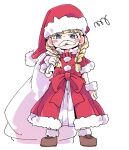 1girl angry bag blonde_hair blue_eyes bow bracelet braid bright_pupils christmas commentary_request dragon_quest dragon_quest_xi earrings fake_facial_hair fake_mustache full_body gloves hair_over_shoulder hat ixy jewelry long_hair looking_at_viewer santa_costume santa_hat simple_background solo twin_braids veronica_(dq11) waist_bow white_background white_pupils 