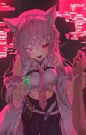  1girl absurdres animal_ear_fluff animal_ears antenna_hair breasts english_text glitch glowing glowing_eyes hair_ornament hairclip hakui_koyori hakui_koyori_(1st_costume) highres holding holding_another&#039;s_wrist holding_syringe hololive long_hair looking_at_viewer medium_breasts mont_blanca necktie open_mouth pink_eyes pink_hair smile solo syringe tail virtual_youtuber wolf_ears wolf_girl wolf_tail 