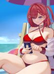  1girl absurdres asta_(honkai:_star_rail) bare_shoulders bikini blue_eyes blue_sky breasts cleavage commentary_request day highres holding holding_phone honkai:_star_rail honkai_(series) large_breasts long_hair navel ocean one_side_up phone pink_hair red_bikini sitting sky smile solo stomach swimsuit taiko_bo thighs water 
