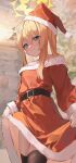  1girl absurdres animal_ears black_thighhighs blue_archive blue_eyes blurry blurry_background blush christmas closed_mouth cowboy_shot dress hair_between_eyes halo hat highres long_hair looking_at_viewer mari_(blue_archive) orange_hair pom_pom_(clothes) red_dress red_headwear santa_costume santa_hat shiina_1001 smile solo thighhighs yellow_halo 