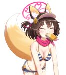  1girl :3 animal_ear_fluff animal_ears bare_arms bikini blue_archive blush breasts brown_hair cleavage closed_eyes closed_mouth commentary cowboy_shot depaken eyeshadow facing_viewer food_in_mouth fox_ears fox_girl fox_tail hair_between_eyes hair_ornament halo happy highres izuna_(blue_archive) izuna_(swimsuit)_(blue_archive) leaning_forward makeup medium_breasts medium_hair micro_shorts neckerchief pink_halo pink_neckerchief pom_pom_(clothes) pom_pom_hair_ornament shorts simple_background solo standing striped striped_bikini swimsuit tail visor_cap white_background 