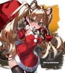  1girl aisaka_taiga amoeba_yuanchong animal_ear_fluff animal_ears animal_hands bell black_gloves black_thighhighs blush brown_eyes brown_hair commentary cowboy_shot detached_sleeves dress fang fur-trimmed_dress fur_trim gloves hair_between_eyes highres long_hair looking_at_viewer merry_christmas neck_bell open_mouth paw_gloves red_sleeves santa_dress solo sweatdrop tail thighhighs tiger_ears tiger_tail toradora! twintails 