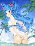 adjusting_clothes adjusting_swimsuit ass beatmania beatmania_iidx bemani blue_hair breasts cloud covered_nipples day hair_ornament hair_rings highres jubeat long_hair looking_at_viewer looking_back maud nipples one-piece_swimsuit palm_tree red_eyes see-through sky small_breasts solo swimsuit tree tries twintails very_long_hair wading water white_swimsuit 