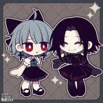  2girls artist_name black_bow black_dress black_footwear black_gloves black_skirt black_thighhighs blue_border blue_bow blue_hair border bow bright_pupils chibi closed_eyes collared_shirt colored_skin commission commissioner_name cross cross_earrings dress earrings funamusea_(artist) gloves grey_background hair_bow hair_intakes jewelry mole mole_under_eye multiple_girls open_mouth original pantyhose patterned_background pleated_skirt red_eyes shirt short_hair skeb_commission skirt smile thighhighs white_pupils white_shirt white_skin 