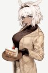  1girl alternate_costume animal_ears black_gloves black_sweater blue_eyes brown_jacket caenis_(fate) cake cake_slice commentary_request dark-skinned_female dark_skin fate/grand_order fate_(series) food fork gloves grey_background grin hair_intakes highres holding holding_plate jacket jewelry long_sleeves looking_at_viewer necklace open_clothes open_jacket plate short_hair simple_background smile solo sumi_(gfgf_045) sweater turtleneck turtleneck_sweater utensil_in_mouth white_hair 