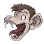 anthro ape bodily_fluids brown_hair fangs fangs_bared hair haplorhine hi_res humanoid humanoid_ears male mammal no_irises no_pupils open_mouth primate red_tongue saliva snarling teeth thrashthrash tongue tongue_out unknown_species white_eyes
