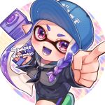  1girl baseball_cap bike_shorts blue_headwear commentary_request green_footwear gun hat holding holding_gun holding_weapon index_finger_raised inkling inkling_girl long_hair multicolored_background open_mouth pointy_ears purple_eyes purple_hair sailor_collar sailor_shirt shina_shina shirt shoes smile solo splatoon_(series) splatoon_3 splattershot_jr_(splatoon) star_(symbol) star_in_eye symbol_in_eye teeth tentacle_hair weapon white_background 