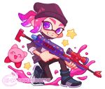  1girl beanie black_headwear commission english_commentary full_body gun hat holding holding_gun holding_weapon inkling inkling_girl kirby kirby_(series) paint pink_hair pointy_ears purple_eyes scope short_hair smile solo splat_charger_(splatoon) splatoon_(series) splatoon_3 star_(symbol) teeth tentacle_hair tokkibada watermark weapon white_background 