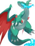 alternate_color animal_focus blue_fire charizard claws closed_mouth colored_skin commentary_request dragon_wings fangs fire green_skin highres horns mega_charizard_x mian_(3zandora) no_humans pokemon red_eyes shiny_pokemon simple_background white_background wings 