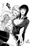  1boy 1girl bad_id bad_twitter_id blunt_bangs blush boots breasts cleavage commentary crossed_legs dress eyelashes greyscale haramaki heart highres hug looking_at_another looking_to_the_side medium_hair monochrome muscular muscular_male nico_robin on_lap one_piece roronoa_zoro scar scar_on_chest shirt short_hair simple_background sitting sitting_on_lap sitting_on_person smile sweatdrop thigh_boots tongue tongue_out v-shaped_eyebrows veins wl6yugi8go1 