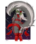 2023 absurd_res anthro butt canid canine canis clothing female fluffy fluffy_tail fur glowing glowing_eyes green_eyes grey_body grey_fur hi_res legwear licking licking_lips lingerie looking_at_viewer mammal scarf simple_background solo stockings tail tongue tongue_out tybalt_draws vulpa_(tybalt_draws) wolf