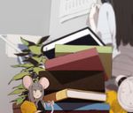  animal_ears bangs black_dress blunt_bangs blurry book brown_hair calendar_(medium) cheese clock doremi dress flower_pot food long_hair mouse mouse_ears mouse_tail multiple_girls original pale_skin personification pink_eyes plant ribbon scared solo_focus straight_hair sweat tail 