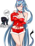  arknights blue_hair doctor_(arknights) dragon_girl dragon_horns dragon_tail gloves highres horns ling_(arknights) makeup one_eye_closed santa_costume smile tail white_background yingwuxie99 