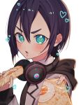  1girl aqua_eyes blush close-up egg_(food) food giving_food hair_between_eyes haraga_kurumi headphones headphones_around_neck heart highres holding_sandwich hood hood_down hoodie incoming_food kimi_no_koto_ga_dai_dai_dai_dai_daisuki_na_100-nin_no_kanojo open_mouth outstretched_hand popo_po731 purple_hair sandwich short_hair solo sweatdrop white_background 