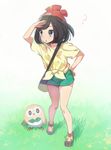  ? beanie black_eyes black_hair blush gen_7_pokemon grass hat kurochiroko looking_afar mizuki_(pokemon) pokemon pokemon_(creature) pokemon_(game) pokemon_sm red_hat rowlet shirt short_hair shorts tied_shirt 