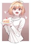  1girl absurdres antenna_hair arcueid_brunestud cake cropped_torso food fruit heart highres holding holding_tray jewelry long_hair long_sleeves looking_at_viewer medium_hair necklace open_mouth red_eyes sasaki33916 smile solo strawberry strawberry_shortcake sweater tray tsukihime turtleneck turtleneck_sweater white_sweater 