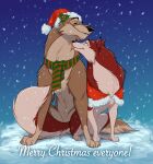 2023 balto balto_(film) black_nose brown_body brown_fur canid canine canis christmas christmas_clothing christmas_headwear clothing domestic_dog duo female feral fur hat headgear headwear hi_res holidays husky hybrid jenna_(balto) licking male male/female mammal multicolored_body multicolored_fur neck_lick nordic_sled_dog reallynxgirl red_body red_fur santa_hat scarf smile snow snowing spitz tongue tongue_out two_tone_body two_tone_fur universal_studios white_body white_fur wolf wolfdog