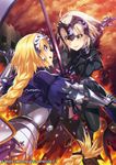  armor armored_dress battle blonde_hair blue_eyes braid breasts capelet castle chain clash dragon duel fate/grand_order fate_(series) faulds fire flag flagpole gauntlets grin headpiece is_ii jeanne_d'arc_(alter)_(fate) jeanne_d'arc_(fate) jeanne_d'arc_(fate)_(all) kingchenxi large_breasts long_hair multiple_girls short_hair single_braid smile sword weapon white_hair yellow_eyes 