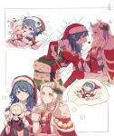  2girls :&gt; :&lt; absurdres blue_hair breasts byleth_(female)_(fire_emblem) byleth_(female)_(frosty_professor)_(fire_emblem) byleth_(fire_emblem) character_doll cleavage detached_sleeves edelgard_von_hresvelg edelgard_von_hresvelg_(snowfall_future) eye_contact fake_horns fire_emblem fire_emblem:_three_houses fire_emblem_heroes fur_trim hat heart highres horned_headwear horns leaning_forward looking_at_another multiple_girls official_alternate_costume santa_hat shirt sxnhinata thought_bubble triangle_mouth white_shirt yuri 