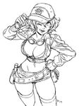  baseball_cap belt breasts cidney_aurum cleavage contrapposto cowboy_shot cropped_jacket final_fantasy final_fantasy_xv gloves goggles goggles_around_neck greyscale hand_on_hip hat large_breasts looking_at_viewer mariel_cartwright midriff monochrome one_eye_closed short_hair short_shorts shorts signature simple_background smile solo standing thighhighs tongue tongue_out white_background 