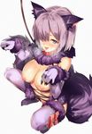  animal_ears blush breasts breath claws collar dangerous_beast elbow_gloves fate/grand_order fate_(series) fur_trim furisuku gloves hair_over_one_eye halloween_costume heart heart-shaped_pupils highres large_breasts leash looking_at_viewer mash_kyrielight nipples no_bra open_mouth purple_eyes purple_hair short_hair solo squatting sweat symbol-shaped_pupils tail tears thighhighs white_background wolf_ears wolf_tail 