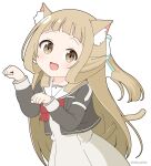  1girl :d animal_ears blush bow brown_eyes brown_hair cat_ears cat_girl cat_tail commentary_request dress grey_dress grey_jacket hair_bow hands_up jacket long_hair long_sleeves looking_at_viewer mitya nogi_sonoko open_clothes open_jacket paw_pose ponytail puffy_long_sleeves puffy_sleeves red_bow sailor_collar sailor_dress simple_background smile solo tail twitter_username very_long_hair washio_sumi_wa_yuusha_de_aru white_background white_bow white_sailor_collar yuusha_de_aru 
