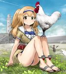 2017 animal bird blue_sky breasts chicken chinese_zodiac cloud day field grass hairband i-26_(kantai_collection) kantai_collection large_breasts legs_together light_brown_eyes light_brown_hair light_smile lighthouse long_hair looking_at_viewer machinery name_tag new_school_swimsuit open_clothes outdoors rooster sailor_collar sandals sasahara_yuuki school_swimsuit short_sleeves sitting sky smile solo stairs swimsuit swimsuit_under_clothes two-tone_hairband two_side_up year_of_the_rooster 