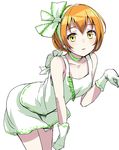  bent_over collarbone dress gloves hanamuke highres hoshizora_rin love_live! love_live!_school_idol_project orange_hair shiranai_love_oshiete_love short_hair simple_background solo white_background white_gloves yellow_eyes 