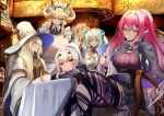  5girls absurdres apron baobhan_sith_(swimsuit_pretender)_(fate) baobhan_sith_(swimsuit_pretender)_(second_ascension)_(fate) barghest_(swimsuit_archer)_(second_ascension)_(fate) bikini black_dress black_sleeves blonde_hair blue_bow blue_eyes book book_stack bow braid breasts capelet cleavage cloak collared_dress crossed_legs crown_braid cup dress ear_piercing fate/grand_order fate_(series) fingerless_gloves flower forked_eyebrows french_braid glasses gloves gold_trim green_eyes grey_capelet grey_eyes hair_bow hair_flower hair_ornament hairpin hat heterochromia high_ponytail highres holding holding_cup hooded_shrug huge_breasts low-braided_long_hair maid maid_apron maid_headdress melusine_(swimsuit_ruler)_(fate) melusine_(swimsuit_ruler)_(first_ascension)_(fate) morgan_le_fay_(water_princess)_(fate) multiple_girls nail_polish piercing pointy_ears ponytail print_leggings reading red_brooch red_eyes red_hair robe round_eyewear shibakame side_braid swimsuit table tablecloth teacup tonelico_(fate) tonelico_(first_ascension)_(fate) white_apron white_bikini white_cloak white_robe white_swimsuit wide_brim witch_hat yellow_eyes 