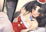  1girl bare_shoulders black_hair blue_eyes breasts cleavage dress fate/grand_order fate_(series) fur-trimmed_headwear fur_trim hair_bun hat long_hair looking_at_viewer medium_breasts open_mouth parted_bangs pinta_(ayashii_bochi) red_dress red_headwear santa_costume santa_dress santa_hat sidelocks solo thighhighs ushiwakamaru_(fate) white_thighhighs 