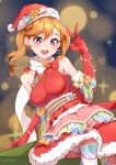  1girl absurdres arm_up artist_name bare_shoulders blush breasts christmas commentary dress fur-trimmed_dress fur-trimmed_gloves fur-trimmed_headwear fur_trim gloves hair_between_eyes hat highres long_hair looking_at_viewer love_live! love_live!_superstar!! neck_ribbon open_mouth orange_hair pom_pom_(clothes) purple_eyes red_dress red_gloves red_headwear ribbon round_teeth santa_costume santa_dress santa_hat scarf shibuya_kanon sitting sleeveless sleeveless_dress smile solo teeth tongue v white_scarf yzlkun 