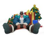  1boy bara beard boots box christmas christmas_tree closed_eyes dark-skinned_male dark_skin facial_hair foreshortening full_body gift gift_box graves_(league_of_legends) happy highres jacket large_hands large_pectorals laughing league_of_legends male_focus mature_male muscular muscular_male mustache pectorals short_hair solo spread_legs stf4456 thick_beard thick_eyebrows winter_clothes 