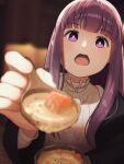  1girl black_coat blurry bowl coat commentary depth_of_field dress fern_(sousou_no_frieren) food frills highres holding holding_bowl incoming_food long_hair looking_at_viewer open_mouth pov purple_eyes purple_hair shoga_0226 sidelocks solo soup sousou_no_frieren spoon teeth upper_teeth_only very_long_hair white_dress wooden_bowl wooden_spoon 