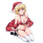  1girl bikini black_footwear blonde_hair blush breasts christmas closed_mouth commentary_request fingernails green_eyes green_nails hat highres large_breasts looking_at_viewer mizuhashi_parsee nail_polish navel ootsuki_wataru pointy_ears red_bikini red_headwear santa_hat short_hair simple_background sitting solo swimsuit thighhighs thighs touhou wariza white_background white_thighhighs 