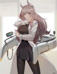  1girl absurdres artist_name black_pantyhose black_skirt breasts brown_eyes brown_hair brown_sweater coat commentary gar32 girls&#039;_frontline girls&#039;_frontline_neural_cloud highres long_hair long_sleeves looking_at_viewer pantyhose persicaria_(neural_cloud) skirt smile solo steins;gate sweater symbol-only_commentary white_background white_coat 
