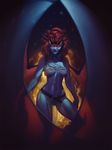  andrew_hibner blue_skin breasts cleavage curly_hair dark_background demona gargoyle gargoyles glowing glowing_eyes highres loincloth looking_at_viewer medium_breasts midriff monster_girl navel pelvic_curtain pointy_ears red_hair smile solo tiara torn_clothes wings 