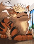  absurdres animal_focus arcanine black_eyes blue_sky ceiling_light closed_mouth cloud commentary_request fangs glass_door highres indoors jira_(ziraiya26) looking_at_viewer mane no_humans orange_fur pokemon pokemon_(creature) sky snout 