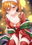  1girl between_legs blush breasts christmas cleavage collarbone commentary_request dress earrings embarrassed fur-trimmed_headwear fur-trimmed_scarf fur_trim hair_between_eyes hand_between_legs hat highres jewelry long_hair looking_at_viewer love_live! love_live!_superstar!! medium_breasts mei_hinamatsu orange_hair pom_pom_(clothes) purple_eyes red_headwear red_thighhighs santa_costume santa_dress santa_hat scarf shibuya_kanon short_sleeves sitting solo sweat sweatdrop thighhighs twintails two_side_up wariza wide_sleeves 