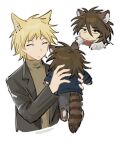  2boys animal_ear_fluff animal_ears animal_feet animal_hands atou_haruki black_jacket blonde_hair blue_jacket brown_hair brown_sweater cha_wu chinese_commentary closed_eyes closed_mouth commentary_request fox_boy fox_ears fur-trimmed_jacket fur_trim green_eyes grey_pants hair_between_eyes highres isoi_reiji jacket kemonomimi_mode long_sleeves male_focus multiple_boys no_nose open_clothes open_jacket pants raccoon_boy raccoon_ears raccoon_tail red_shirt saibou_shinkyoku sanpaku shirt short_hair simple_background sweater tail turtleneck turtleneck_sweater 