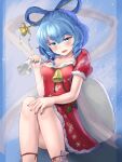  1girl bell blue_background blue_eyes blue_hair blue_nails dress hair_ornament highres jingle_bell kaku_seiga looking_at_viewer open_mouth pygrenix red_dress snowflake_print snowing solo touhou 