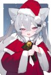  1girl animal_ears bandaid bandaid_on_face bandaid_on_nose bell blush capelet cat_ears christmas dress english_commentary fenrir_(fenriluuu) fur-trimmed_capelet fur-trimmed_dress fur-trimmed_headwear fur_trim grey_hair hair_ornament hairclip hat highres holding holding_sack long_hair looking_at_viewer neck_bell neck_ribbon open_mouth original pink_eyes red_capelet red_dress red_headwear ribbon rir-chan sack santa_costume santa_hat smile snowing solo twintails upper_body 