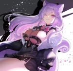  1girl animal_ears black_jacket bow bowtie braid breasts ekorru fur-trimmed_jacket fur_trim hair_over_one_eye hikimayu jacket large_breasts long_hair melonyx mole mole_under_eye multicolored_hair open_clothes open_jacket pink_bow pink_bowtie pink_hair purple_hair sibyl side_braid sideboob sitting smile solo squirrel_ears squirrel_girl squirrel_tail streaked_hair tail very_long_hair 