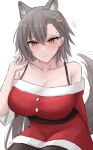  1girl alternate_costume animal_ears arknights bare_shoulders belt black_belt black_pantyhose blush bra_strap breasts cleavage commentary dress grey_eyes grey_hair highres large_breasts looking_at_viewer namikare off-shoulder_dress off_shoulder pantyhose penance_(arknights) red_dress santa_dress short_hair simple_background sitting solo tail white_background wolf_ears wolf_tail 