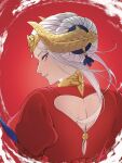  1girl back_cutout bbb52486717 clothing_cutout commentary_request dress edelgard_von_hresvelg eyelashes fake_horns fire_emblem fire_emblem:_three_houses from_behind hair_bun heart_cutout highres horns long_hair looking_back parted_lips puffy_sleeves purple_eyes red_background red_dress solo teeth upper_body white_hair 