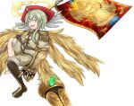  1girl ahoge angel angel_wings arrow_(symbol) barefoot black_gloves blonde_hair boots character_print commentary_request epaulettes feathered_wings flag full_body gauntlets gloves glowing green_eyes hair_between_eyes halo holding holding_flag holding_polearm holding_weapon ilias jacket knee_boots looking_at_viewer medal mon-musu_quest! mon-musu_quest:_paradox multiple_halos multiple_wings open_mouth over_shoulder pippi_(ku_ro_do_zorizo_to) polearm red_headwear shorts sidelocks simple_background single_barefoot single_gauntlet single_knee_boot sitting smile solo weapon white_background white_jacket white_shorts wings zion_(mon-musu_quest!) 