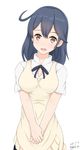  2016 ahoge apron blue_hair breasts brown_eyes dated kantai_collection linfa_lm medium_breasts signature solo ushio_(kantai_collection) wagnaria_uniform working!! 