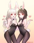  animal_ears bare_shoulders black_hair black_legwear braid breasts bunny_ears bunnysuit cleavage covered_navel curly_hair detached_collar elin_(tera) fishnet_pantyhose fishnets highres leotard long_hair mang_gi medium_breasts multiple_girls open_mouth pantyhose red_eyes smile tail tera_online twin_braids twintails white_hair wrist_cuffs 