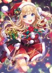  1girl belt black_gloves blonde_hair blue_eyes blush boots bow bowtie box capelet christmas commentary_request dress fur-trimmed_capelet fur-trimmed_dress fur-trimmed_gloves fur-trimmed_headwear fur_trim gift gift_box gloves hat highres long_hair looking_at_viewer merry_christmas morikura_en open_mouth original red_capelet red_dress red_footwear santa_costume santa_dress santa_hat smile solo striped striped_bow striped_bowtie 